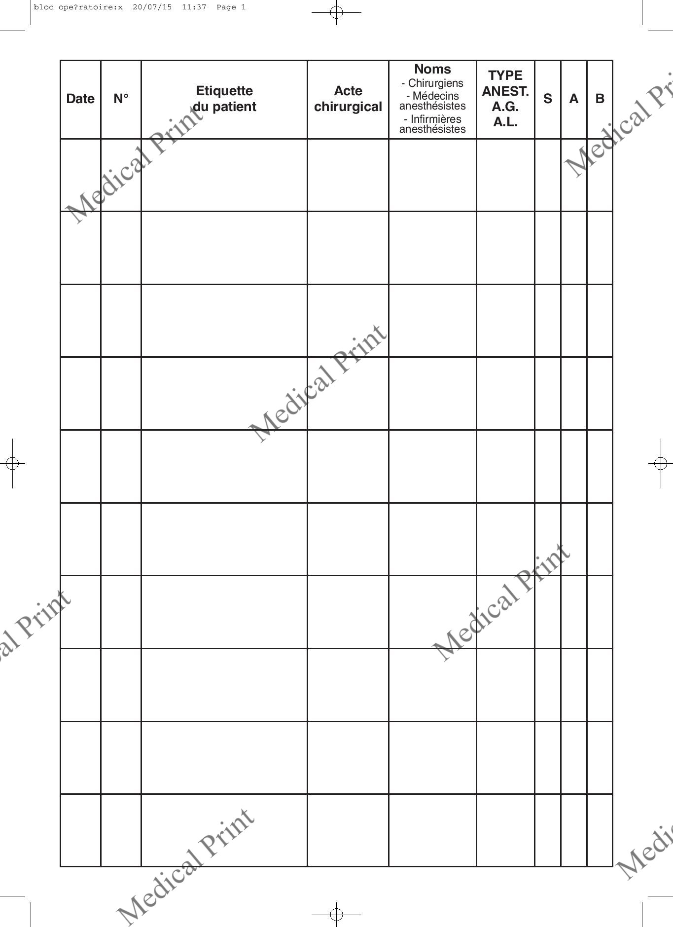 registre bloc opératoire